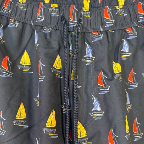 Asos Mens Size M Navy Sailboat Print Swim Trunks Elastic Waistband - Picture 2 of 5